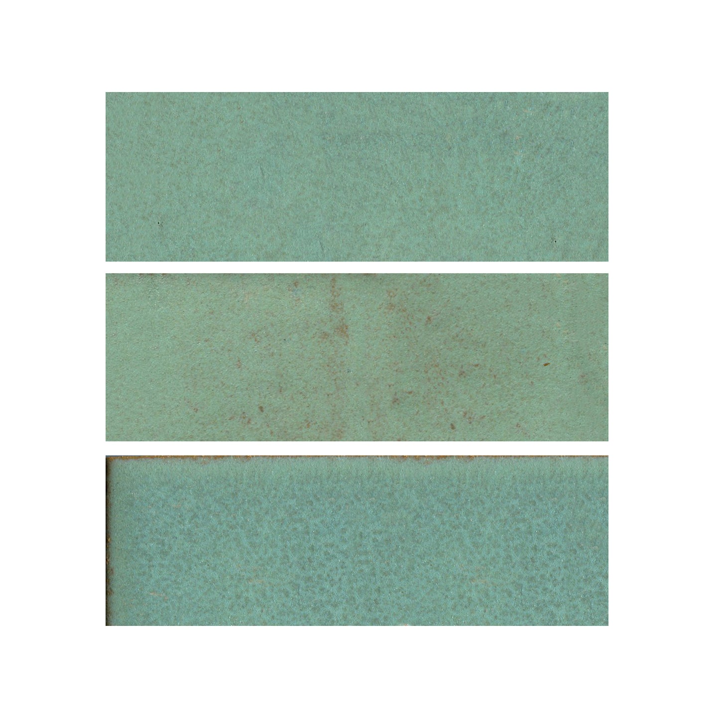 Copper patina 3x6 matte finish, transitioning in color from light green to turquoise.